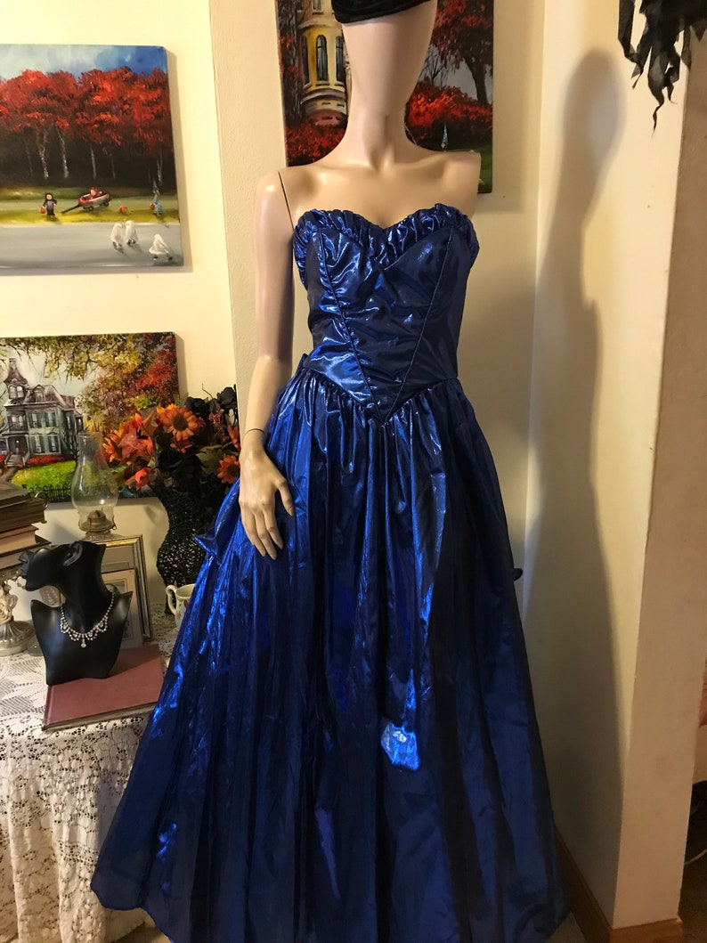 Ultimate Vintage 80s Metallic Blue Zum Zum Full Skirt Strapless Cocktail Ladies Evening Gown Dress Size Small