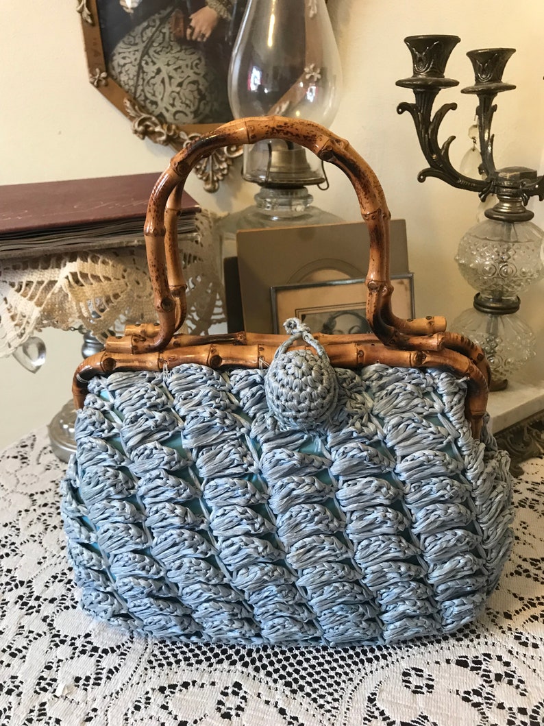 Vintage 60s Babette Pale Blue Rattan Ladies Straw Wicker Summer Beach Resort Handbag Gift for Her