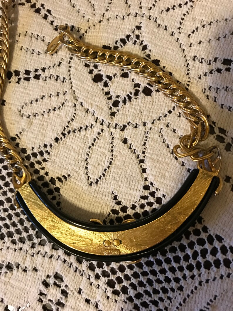 Vintage 80s Monet Signed Bold Heavy Gold Plated Link Black Enamel Ladies Necklace Choker Gift for Her