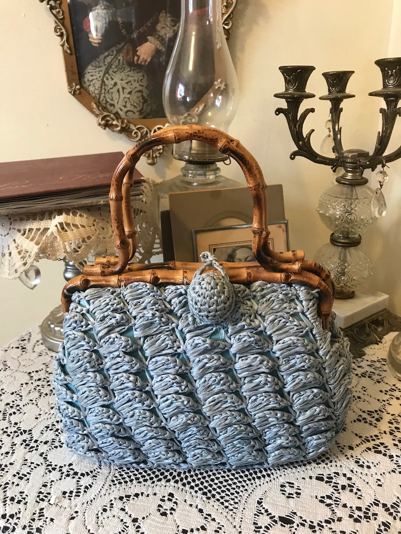 Vintage 60s Babette Pale Blue Rattan Ladies Straw Wicker Summer Beach Resort Handbag Gift for Her