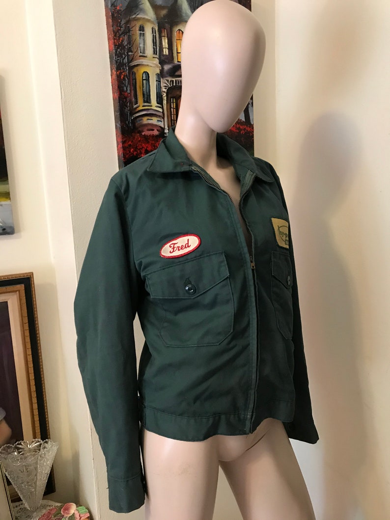 Vintage 60s Mens Green Work Jacket Utility Jacket Patches Fred Hy Point Farms Mens Crop Work Jacket Coat Size SMall Medium Gift for Him