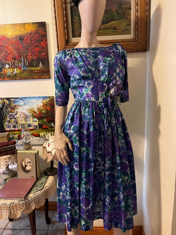 Vintage 60s Darling Blue Purple Floral  Full Skirt