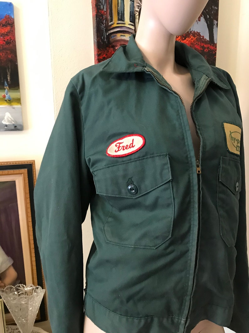 Vintage 60s Mens Green Work Jacket Utility Jacket Patches Fred Hy Point Farms Mens Crop Work Jacket Coat Size SMall Medium Gift for Him