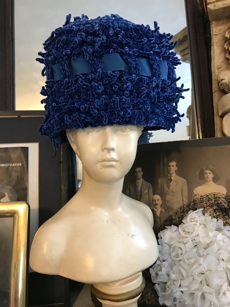 Fabulous Vintage 40s Cobalt Blue Chenille Satin Ribbon Ladies Hat Cocktail Hat Gift for Her