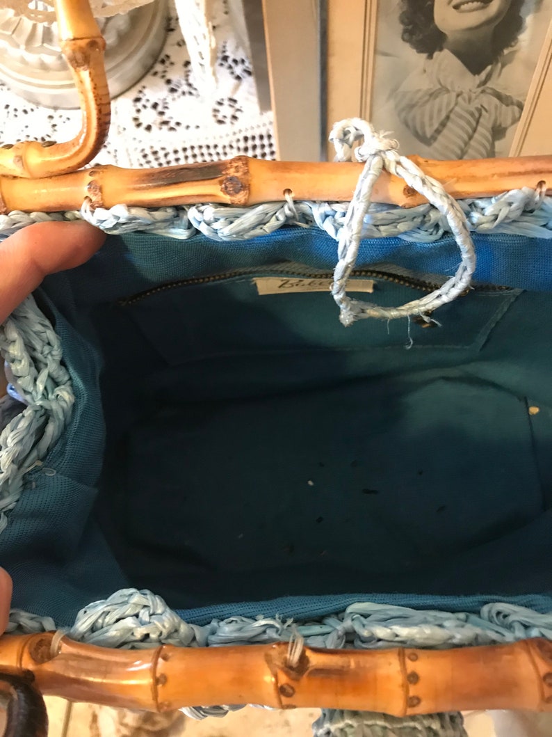 Vintage 60s Babette Pale Blue Rattan Ladies Straw Wicker Summer Beach Resort Handbag Gift for Her