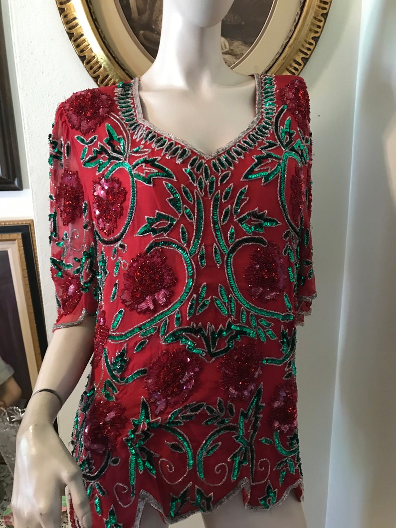 Vintage 70s Spectacular Ladies Green Red Silver Floral Deep V Heavy Sequin Beaded 100/% Silk Holiday Top Size Medium Gift for Her