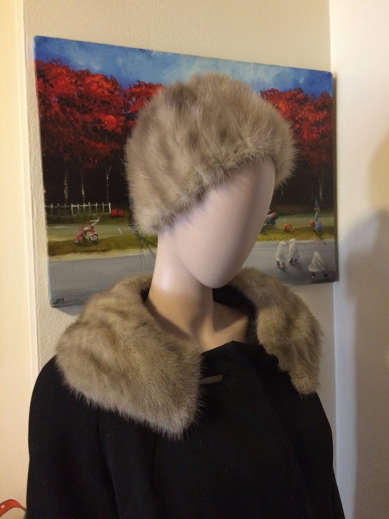 Vintage 50s Black Cashmere Wool Silver Grey Mink Matching Beret Ladies Swing Coat Size Medium Large