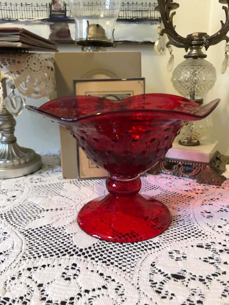 Vintage 60s Cranberry Red Glass Pedestal Bowl Home Decor Etsy