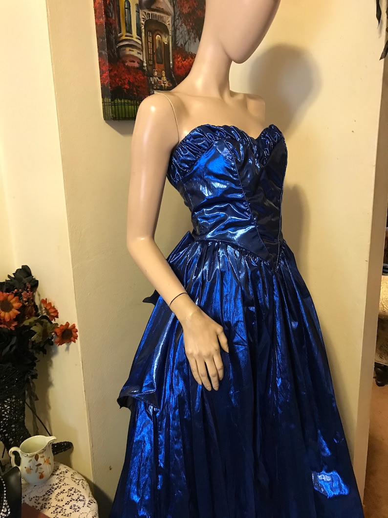 Ultimate Vintage 80s Metallic Blue Zum Zum Full Skirt Strapless Cocktail Ladies Evening Gown Dress Size Small