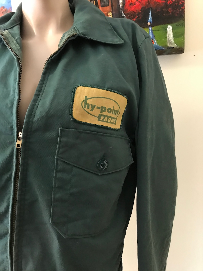 Vintage 60s Mens Green Work Jacket Utility Jacket Patches Fred Hy Point Farms Mens Crop Work Jacket Coat Size SMall Medium Gift for Him