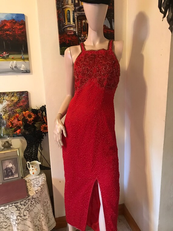 Vintage 80s Glamorous Kazar Bold Red Silk Gold Be… - image 1