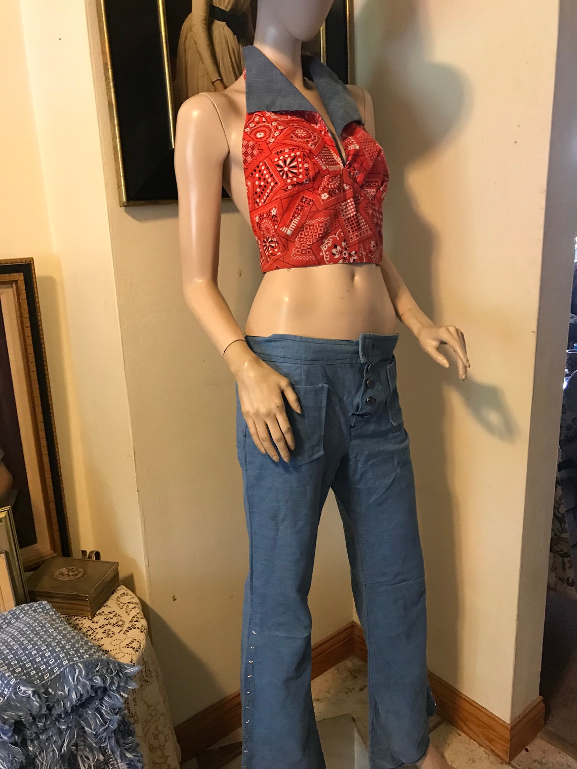 Vintage 70s Boho Ladies Bell Bottom Hip Hugger Jeans and Red | Etsy