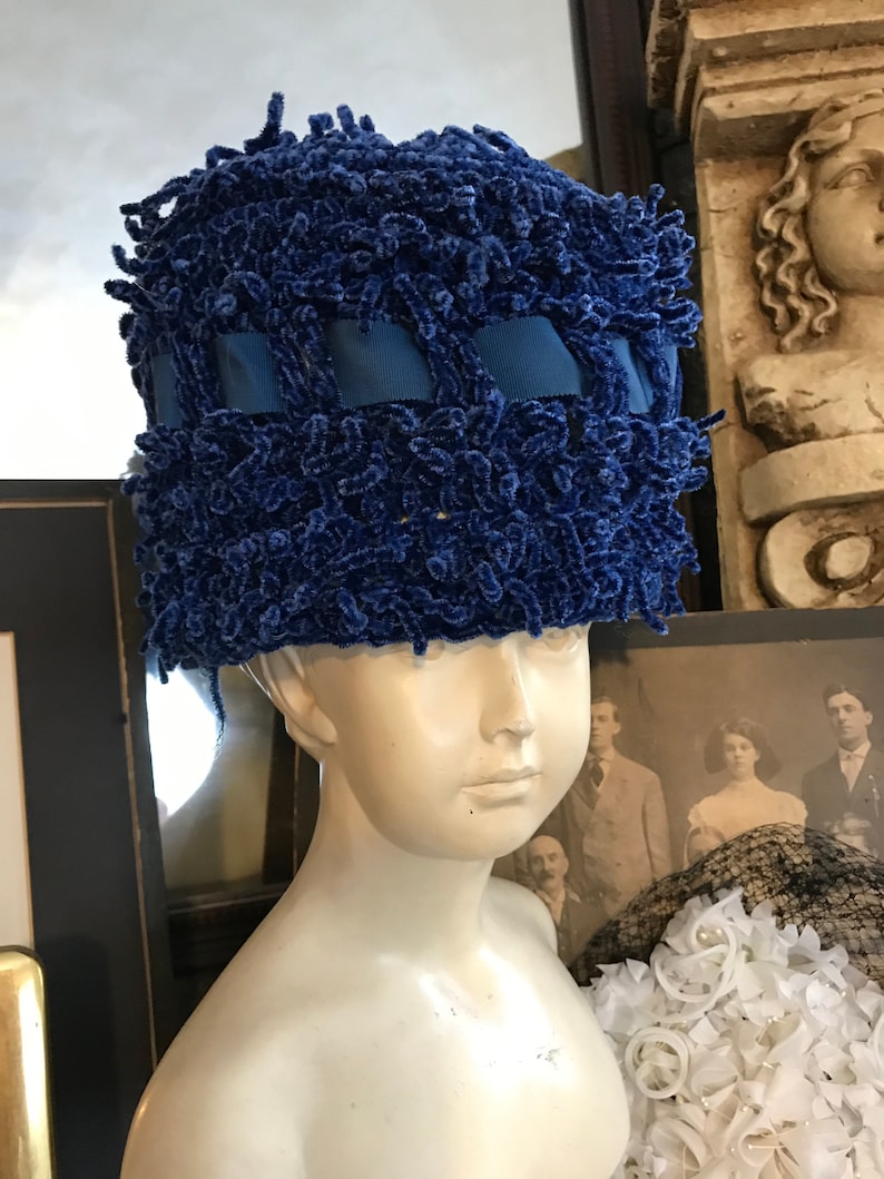 Fabulous Vintage 40s Cobalt Blue Chenille Satin Ribbon Ladies Hat Cocktail Hat Gift for Her