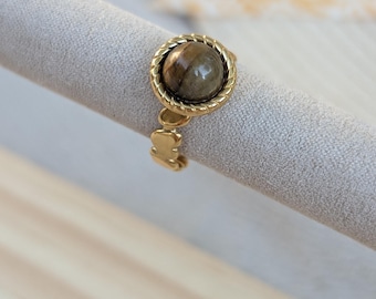 Gold ring with natural stone – Tiger’s eye – Adjustable jewelry – Stainless steel ring