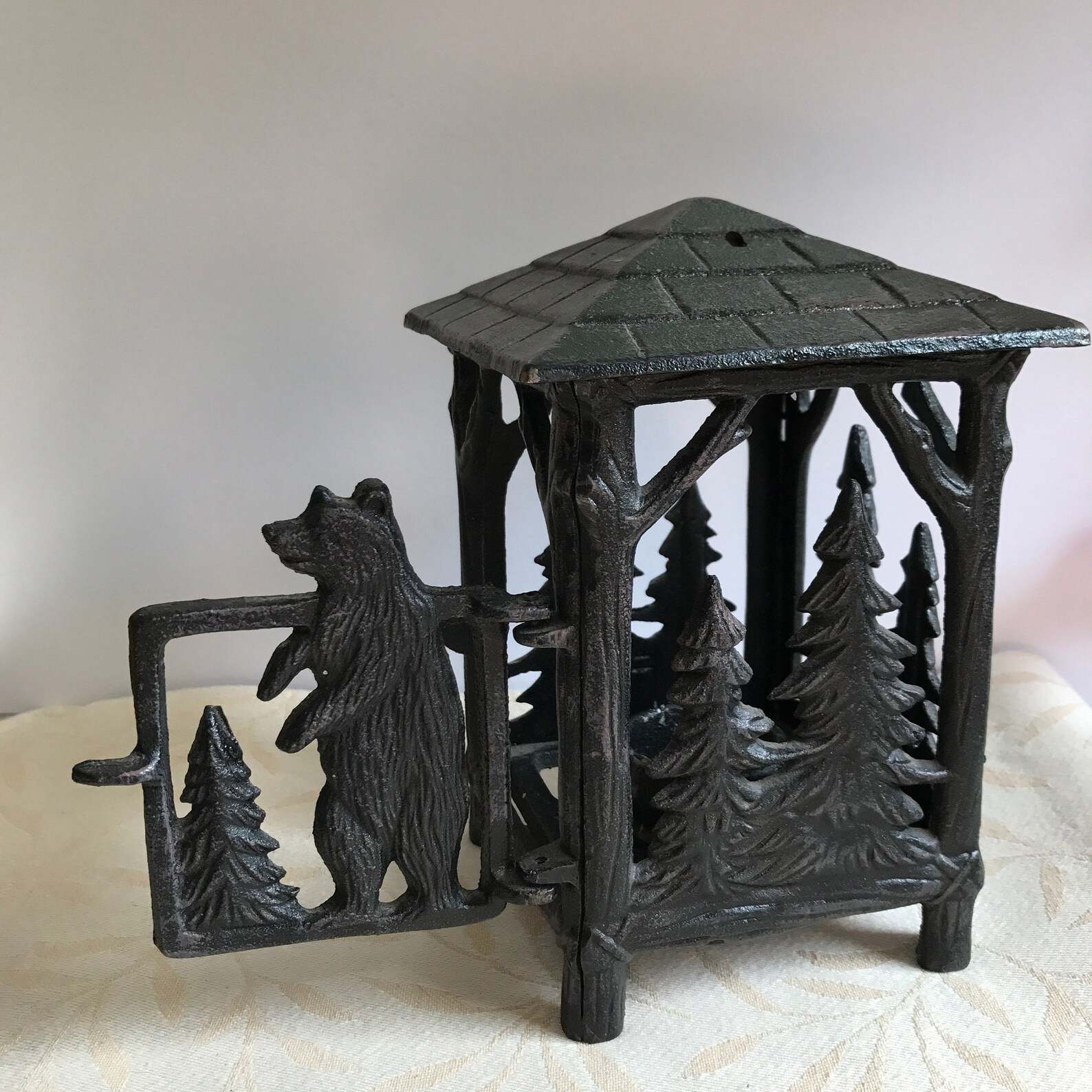 Black Cast Iron Woodland Candle Holder with Hinged Door Lodge Etsy