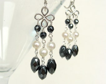 Chandelier earrings, genuine pearl hematite, fancy drop earrings for day to night, sterling silver, handmade, Let Loose Jewelry,