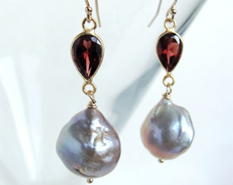 Handmade Goldfill Baroque Pearl Garnet Drop Earrings