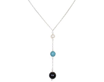 Sterling silver Y necklace smoky quartz turquoise pearl, lariat, simple, genuine gemstones, adjustable length, handmade by Let Loose Jewelry