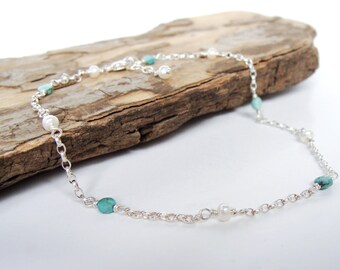 Turquoise pearl anklet, sterling silver, dainty slim summer resort festival style, handmade, Let Loose Jewelry, gift for her