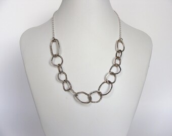 Sterling silver necklace, hand forged large hammered links, 17.5 inches