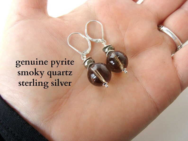 great for everyday large 10mm round quartz sterling silver accents and lever back wires Let Loose Jewelry Smoky quartz pyrite earrings