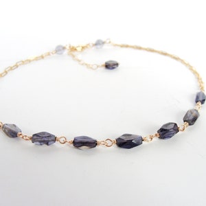 Iolite anklet, goldfill,  water sapphire, adjustable length , handmade, summer vacation jewelry, something blue, violet stones