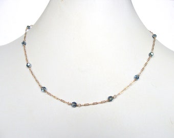 Blue crystal station chain, gold chain, goldfill, Indian Sapphire Swarovski, 4mm, 16.25 inches, handmade, very dainty sparkly