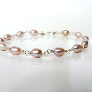 Handmade Mauve Pink Pearl Bracelet, Argentium Silver Wire Wrapped