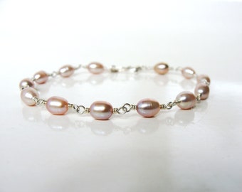 Oval pink pearl bracelet, Argentium silver wire wrapped mauve pink rice pearls, 7.25 inches, handmade, Let Loose Jewelry