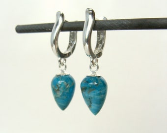 Turquoise earrings, natural Kingman turquoise drops on sterling silver hinged hoops, perfect for everyday, Let Loose Jewelry