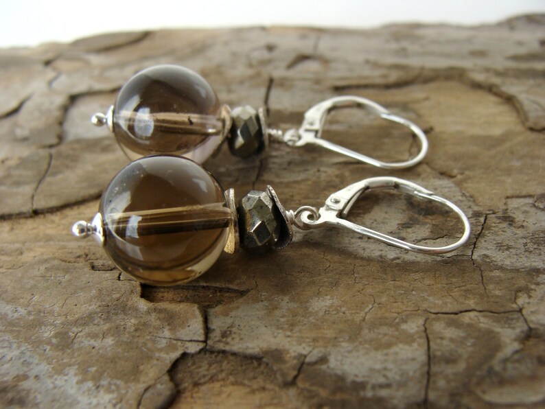 great for everyday large 10mm round quartz sterling silver accents and lever back wires Let Loose Jewelry Smoky quartz pyrite earrings