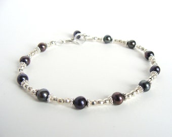 Black Pearl Sterling Silver Bracelet, handmade, 7 inch