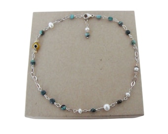 Sterling silver anklet, turquoise opal pearl, evil eye, adjustable length, unique mixed stones, 10.5 max length