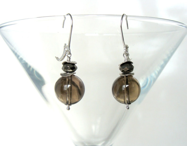 great for everyday large 10mm round quartz sterling silver accents and lever back wires Let Loose Jewelry Smoky quartz pyrite earrings