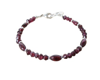 Garnet bracelet, size small, 6.5 inch, slim rustic, genuine garnets sterling silver, wear stacked or solo, handmade by Let Loose Jewelry