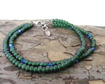 Dark green glass bracelet with vintage blue Swarovski crystals, multistrand bracelet, matte Czech glass, sterling clasp, handmade