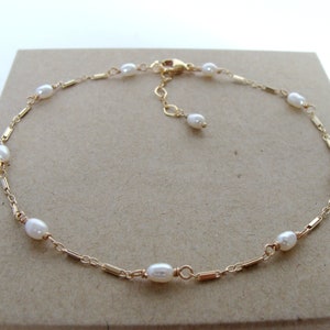 Dainty gold pearl anklet, genuine white oval pearls 14kt goldfill ankle bracelet, adjustable 9-10&quot;, super slim, summer resort wedding