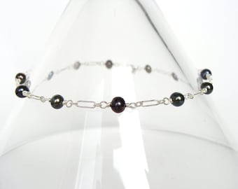 Black pearl anklet, sterling silver, dainty ankle bracelet, adjustable length, peacock pearls, 9-10 inches