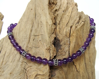 Slim amethyst bracelet, royal purple gemstone stack, sterling silver, 7.5 inches, handmade, Let Loose Jewelry, February birthstone jewelry