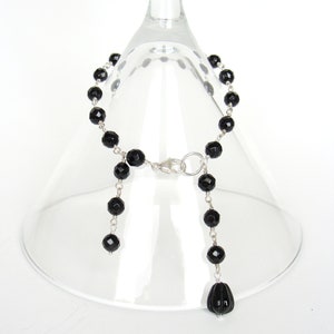 Black onyx bracelet, funky style with tails, faux bolo, 7 inches, wire wrapped, sterling silver, unique, handmade