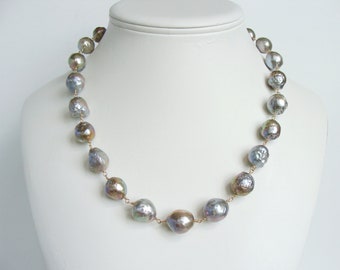 Large baroque pearl necklace, silvery champagne pearls, wire wrapped, goldfill,  19.5 inches, statement necklace