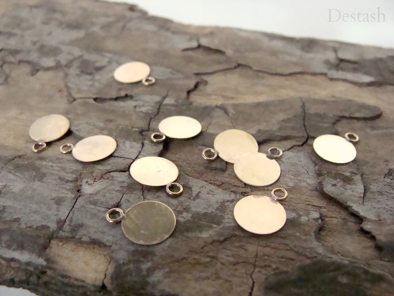 lightweight 7mm round flat charm with closed ring goldfilled tag destash jewelry making supplies Goldfilled charm sold in lot of 5