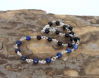 Handmade Black Tourmaline Lapis Anklet: sterling silver wire wrapped 9-10 inches genuine stones