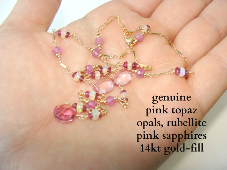 pink topaz drops with opal pink sapphires rubellite 14kt gold-fill adjustable length Pink gemstone necklace dainty feminine handmade