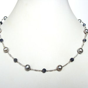 Silver pearl and sapphire necklace, gemstone chain, 16.5 inches, station chain, denim sapphires, everyday style, layer, handmade