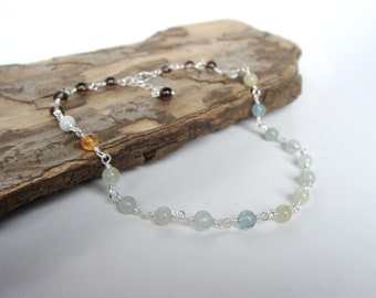 Aquamarine smoky quartz anklet, natural stones, sterling silver, summer jewelry, adjustable length, 9.5- 10.5 inches, handmade