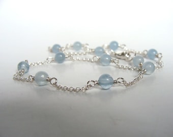 Aquamarine Anklet, Sterling Silver Rolo Chain, Dainty Handmade Jewelry