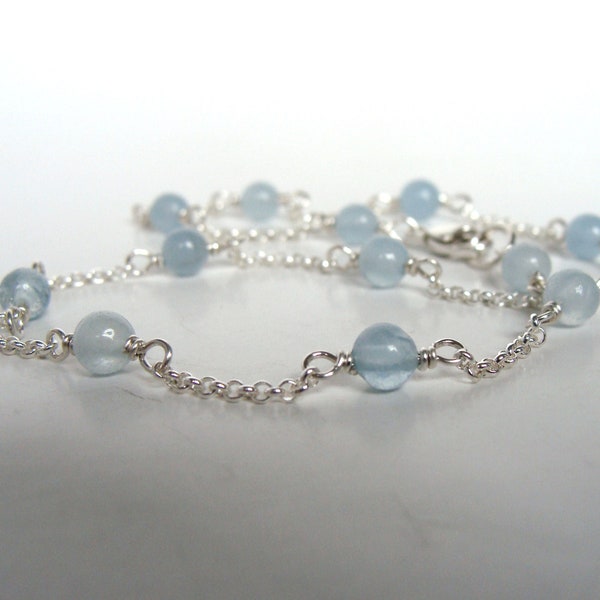 Aquamarine anklet, sterling silver, 4mm round pale blue genuine aquamarine stations, handmade, dainty, something blue