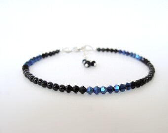 Black tourmaline bracelet, super skinny 2.5mm tourmaline with blue crystals, adjustable length 6.75-7.5 inches