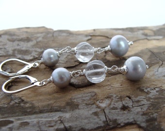 Silver pearl rock crystal earrings, carved crystal quartz, sterling silver, neutral colors, handmade earrings